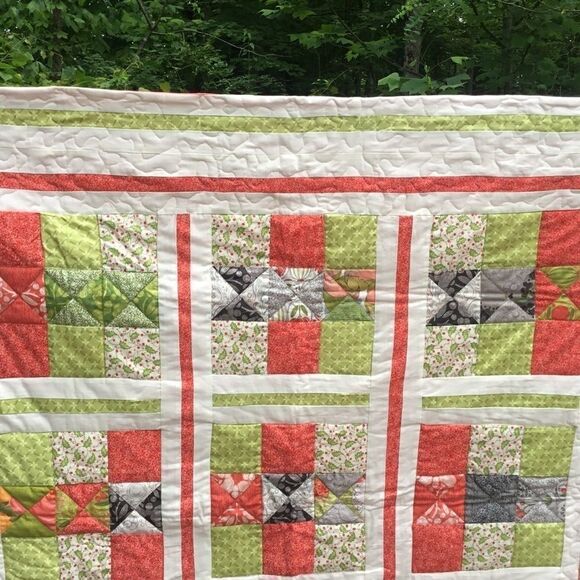 NWT. Hand Crafted Green/Orange/Cream Quilt - Picture 5 of 16